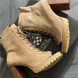 Vince Camuto Brown camel colored open toe lace up booties never worn tried on